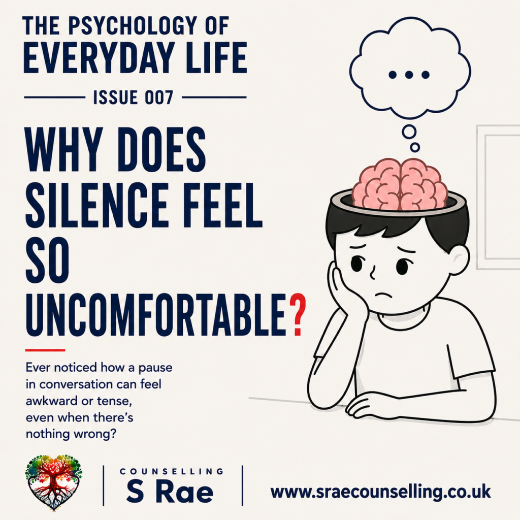 S Rae Counselling illustration of a person experiencing uncomfortable silence during a pause in conversation.