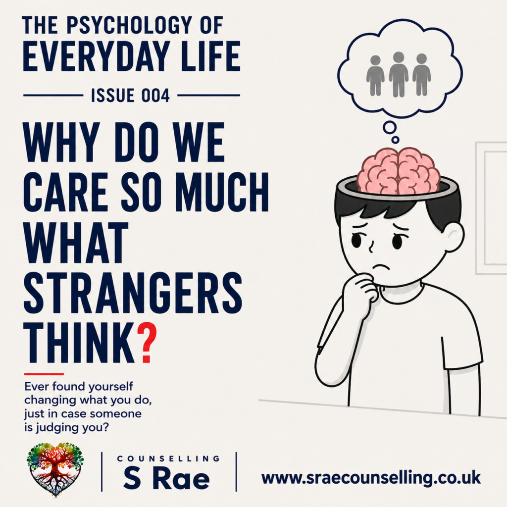S Rae Counselling illustration showing a worried person thinking about what strangers might think of them