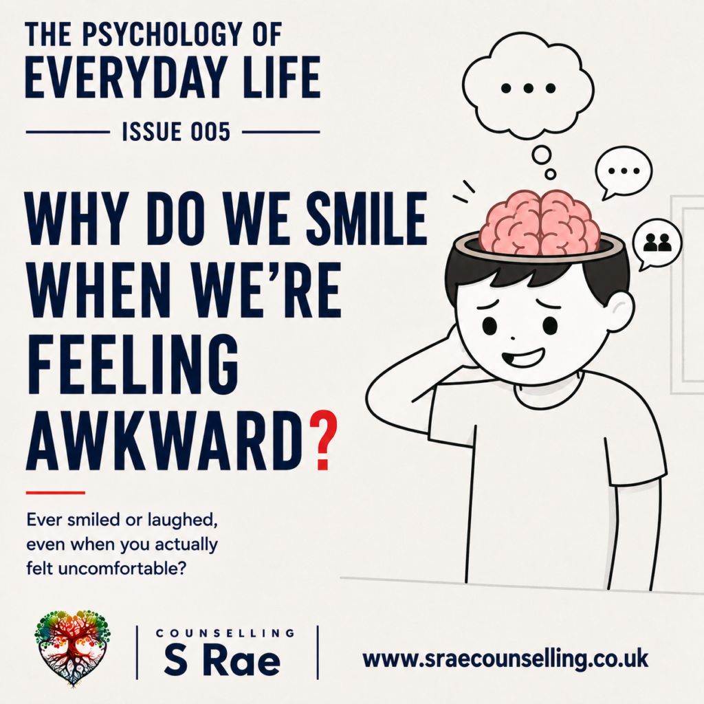 S Rae Counselling illustration of a person smiling nervously while feeling awkward and uncomfortable.