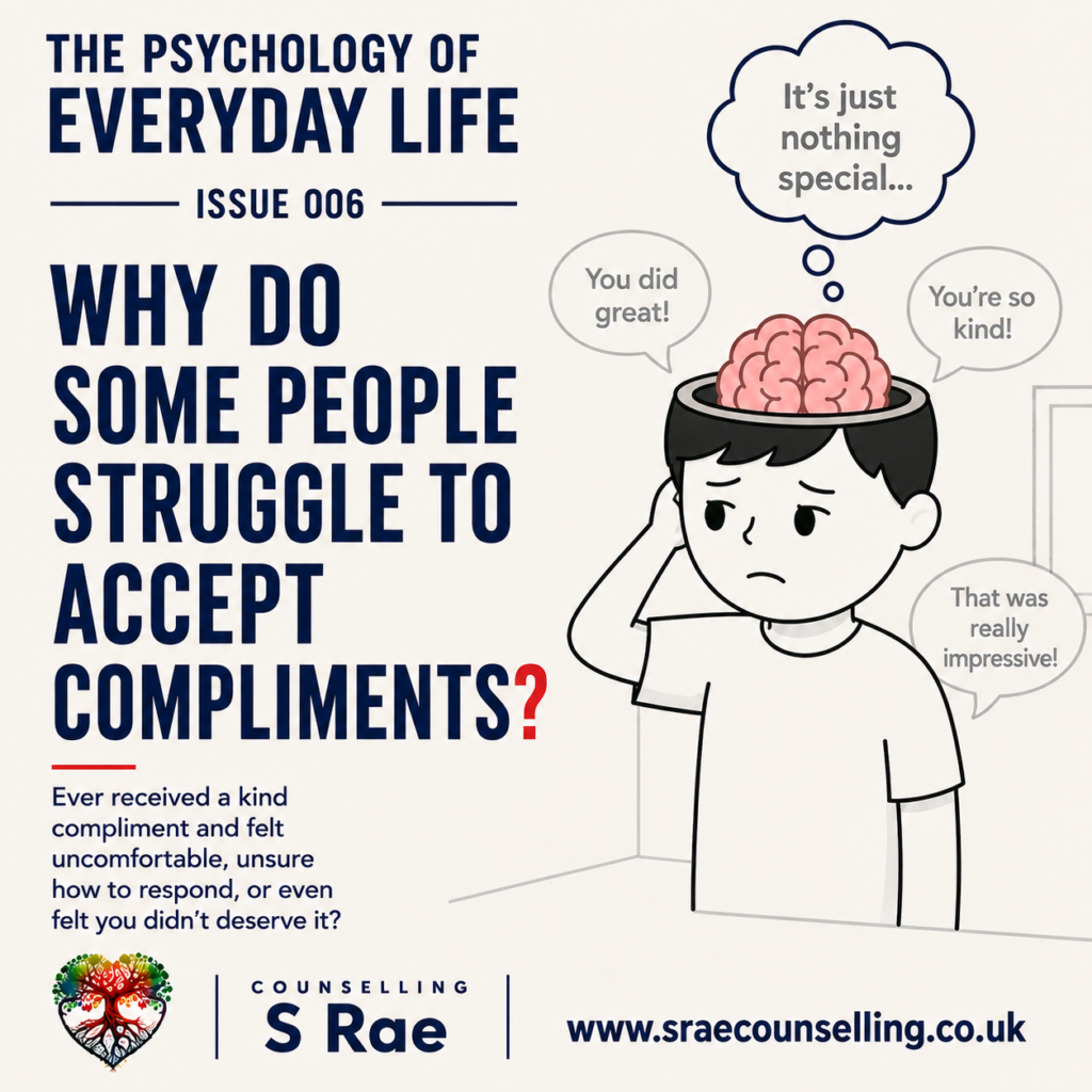 S Rae Counselling illustration of a person struggling to accept compliments and thinking that their achievement was nothing special.