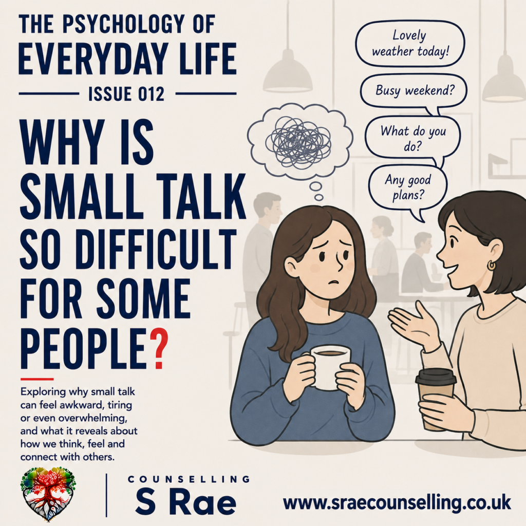 S Rae Counselling illustration of a woman experiencing small talk anxiety during a conversation in a busy café.