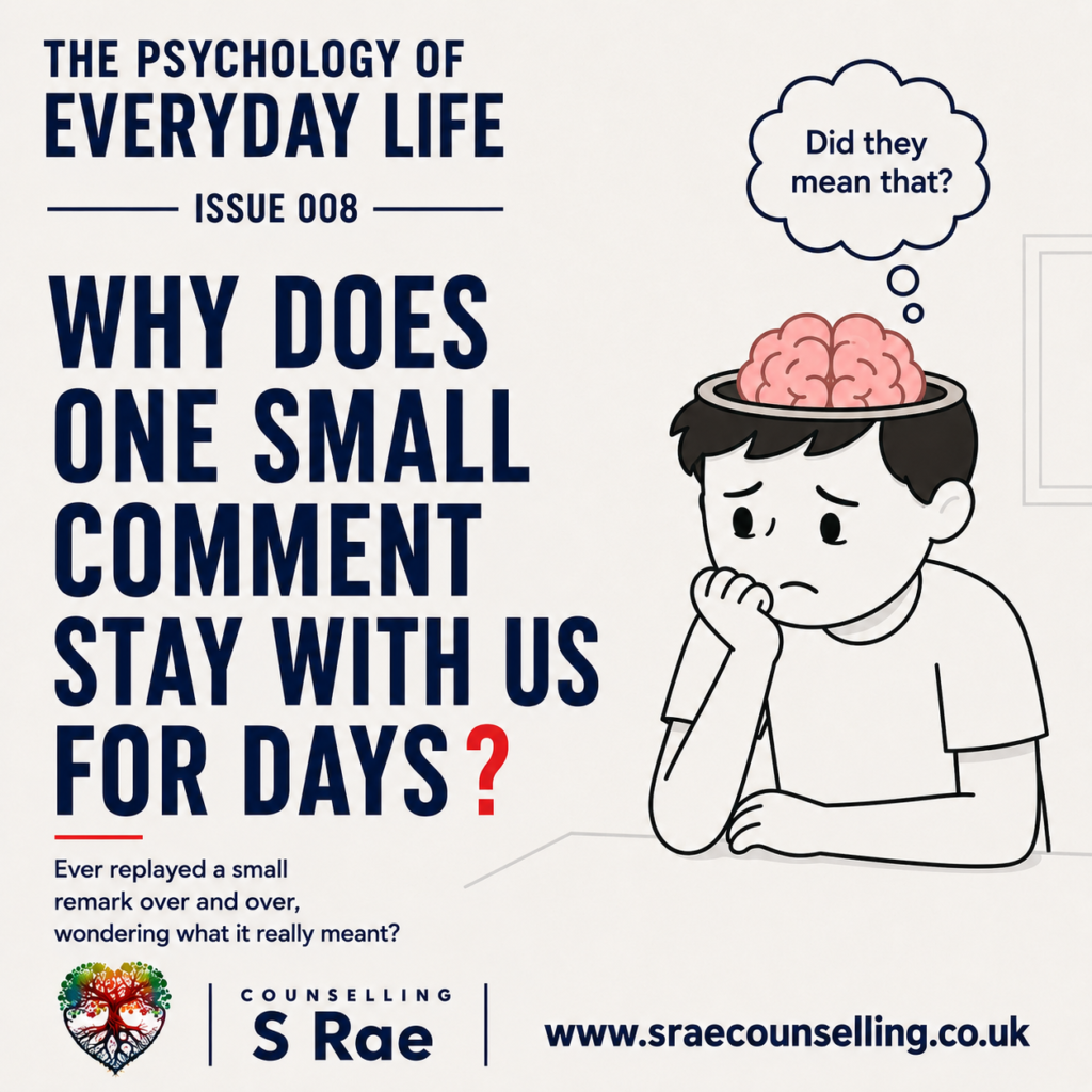 S Rae Counselling illustration of a worried person replaying a small comment and wondering what the speaker meant.