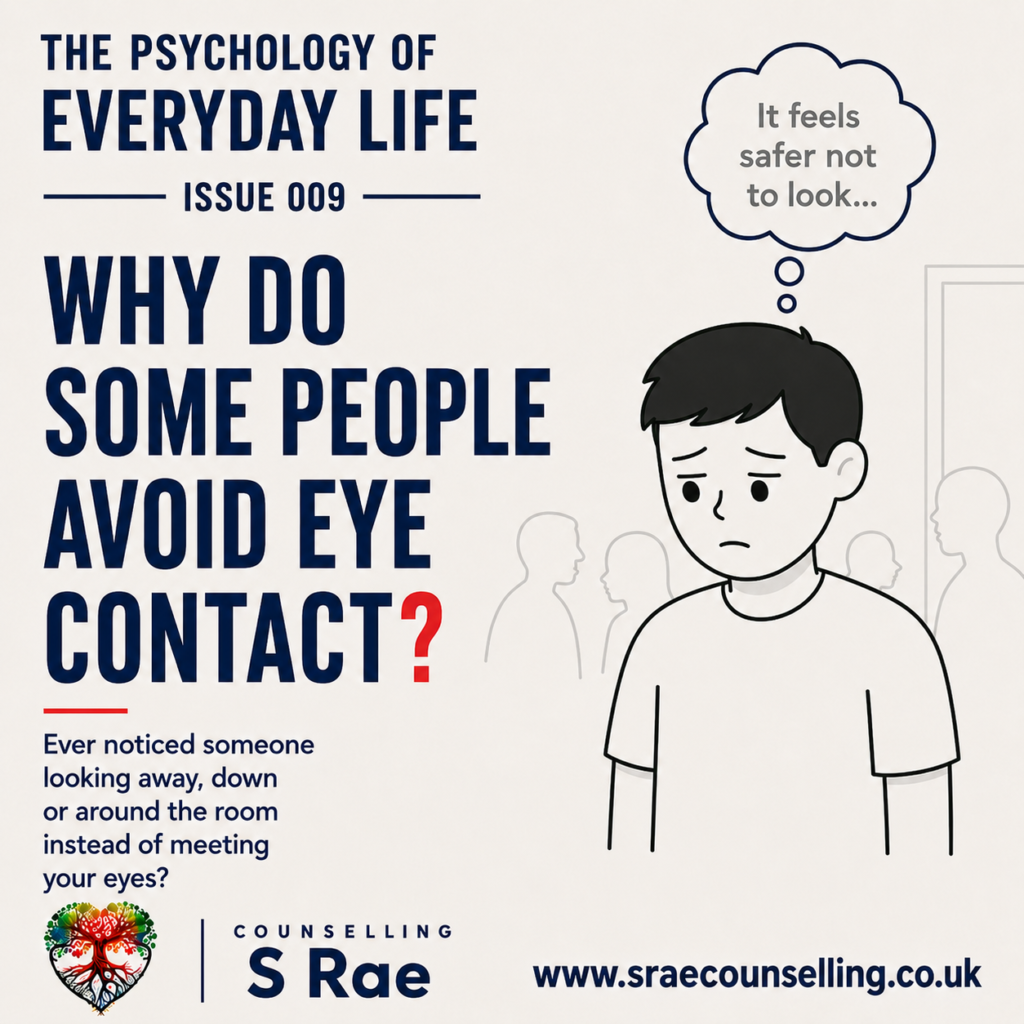 S Rae Counselling illustration of an anxious person looking down and avoiding eye contact in a social setting.