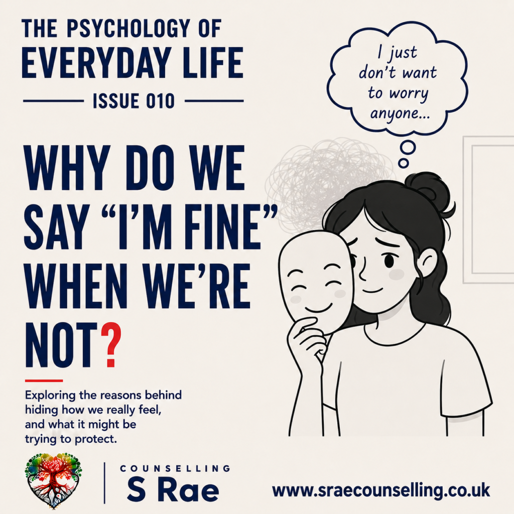 S Rae Counselling illustration of a woman holding a smiling mask while hiding how she really feels.