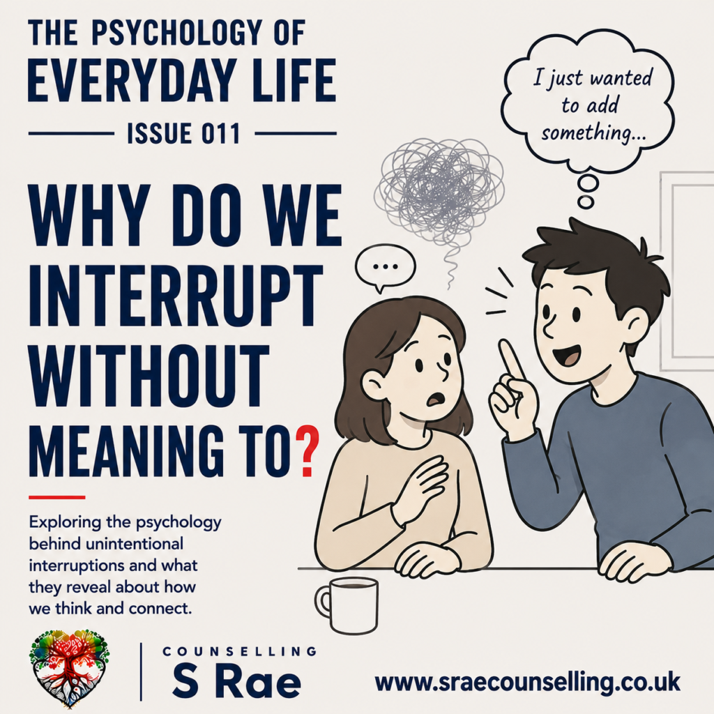 S Rae Counselling illustration of a man unintentionally interrupting a woman during a conversation.