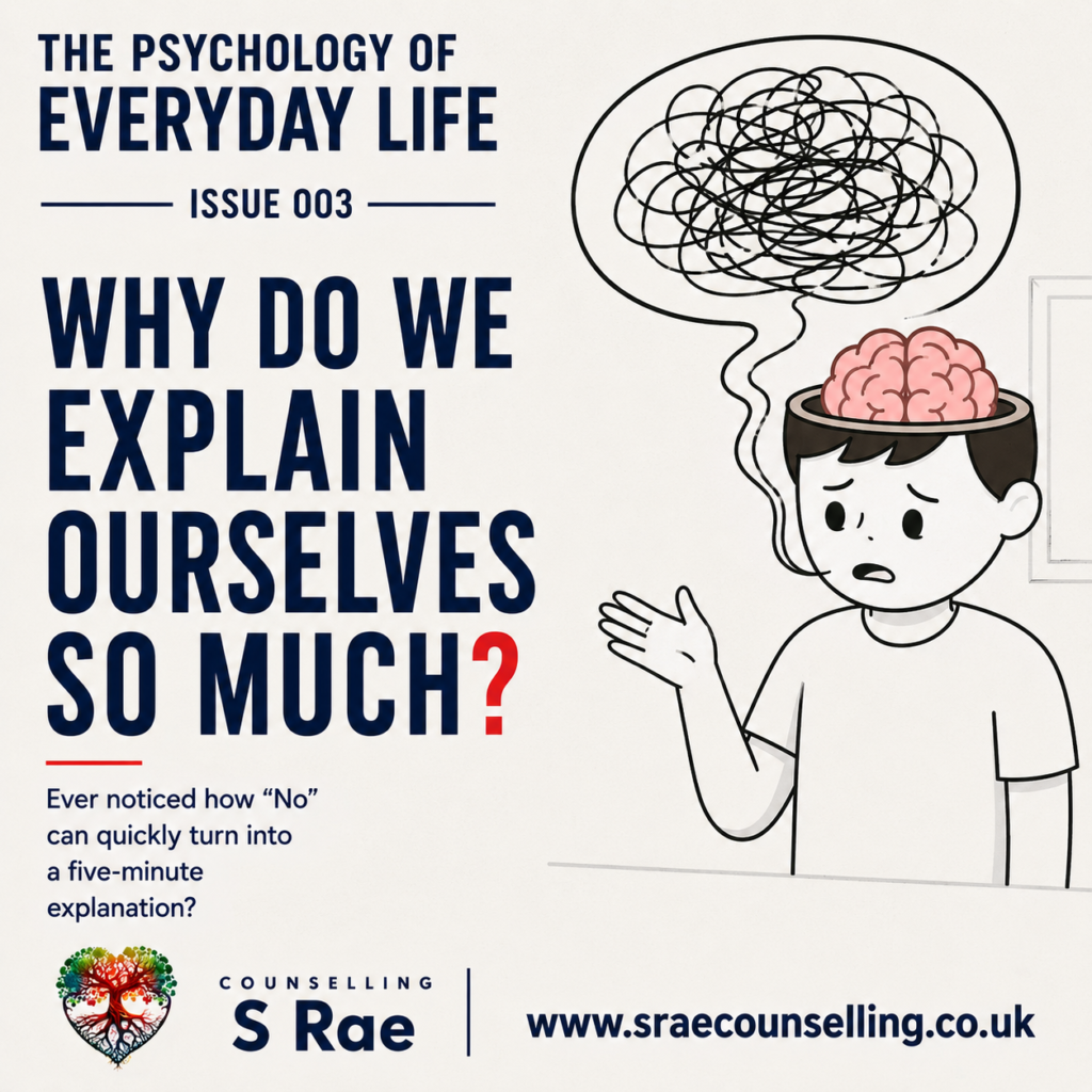 Illustration showing a person over-explaining with a tangled speech bubble, representing the psychology behind constantly justifying ourselves.