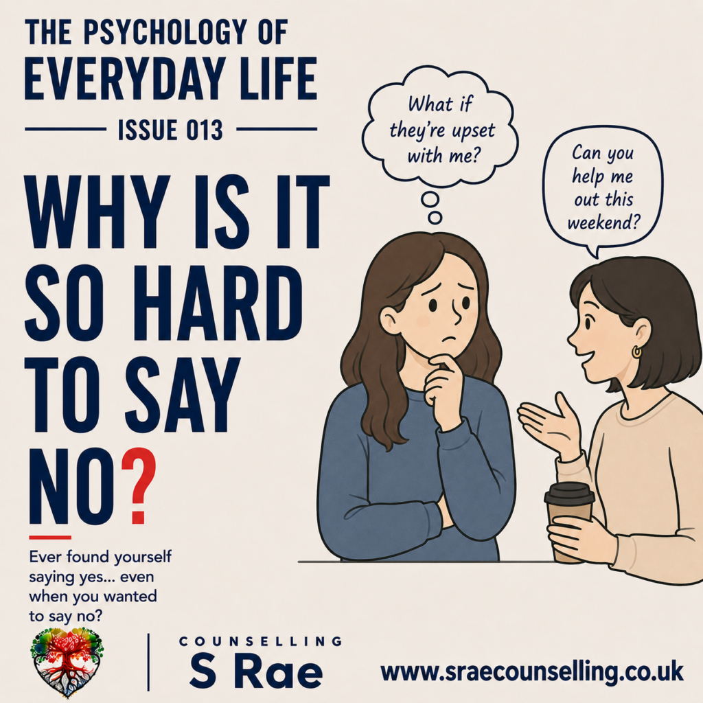 S Rae Counselling illustration of a worried woman struggling to say no when someone asks her for help.