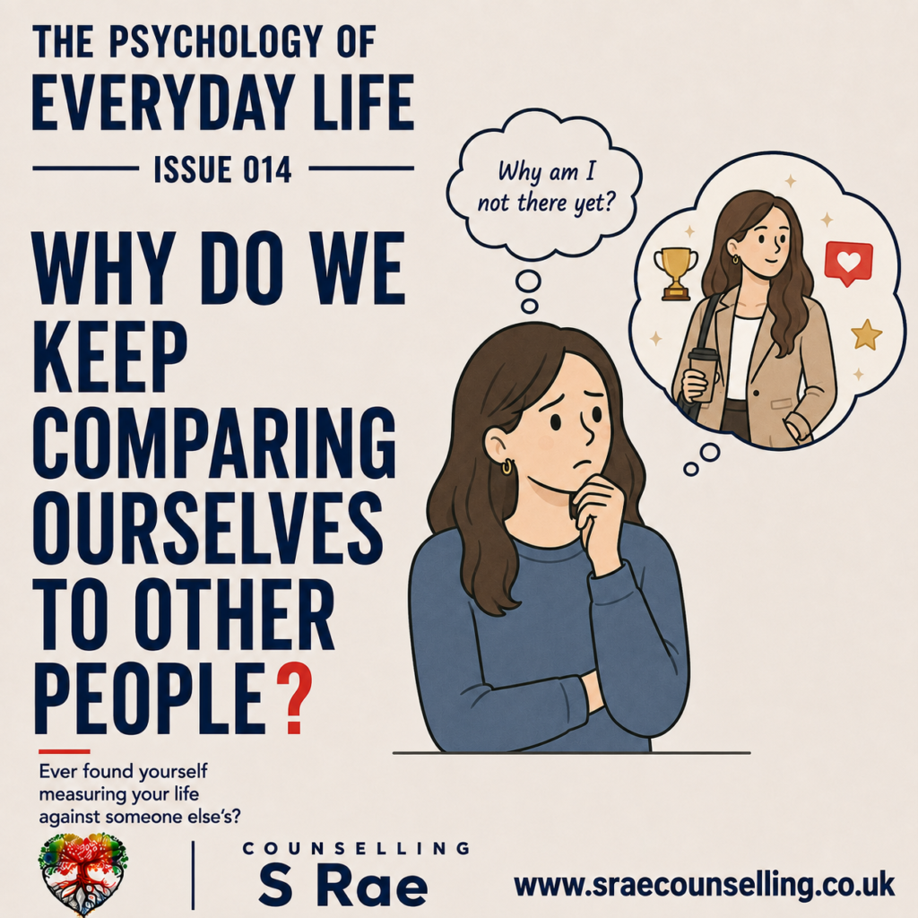 S Rae Counselling illustration of a worried woman comparing her progress with another person’s achievements and social-media success.