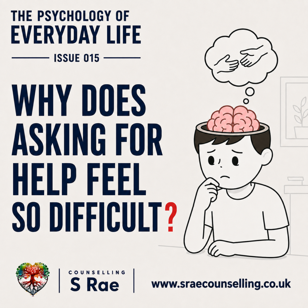 S Rae Counselling illustration of a worried person considering whether to ask someone for help.
