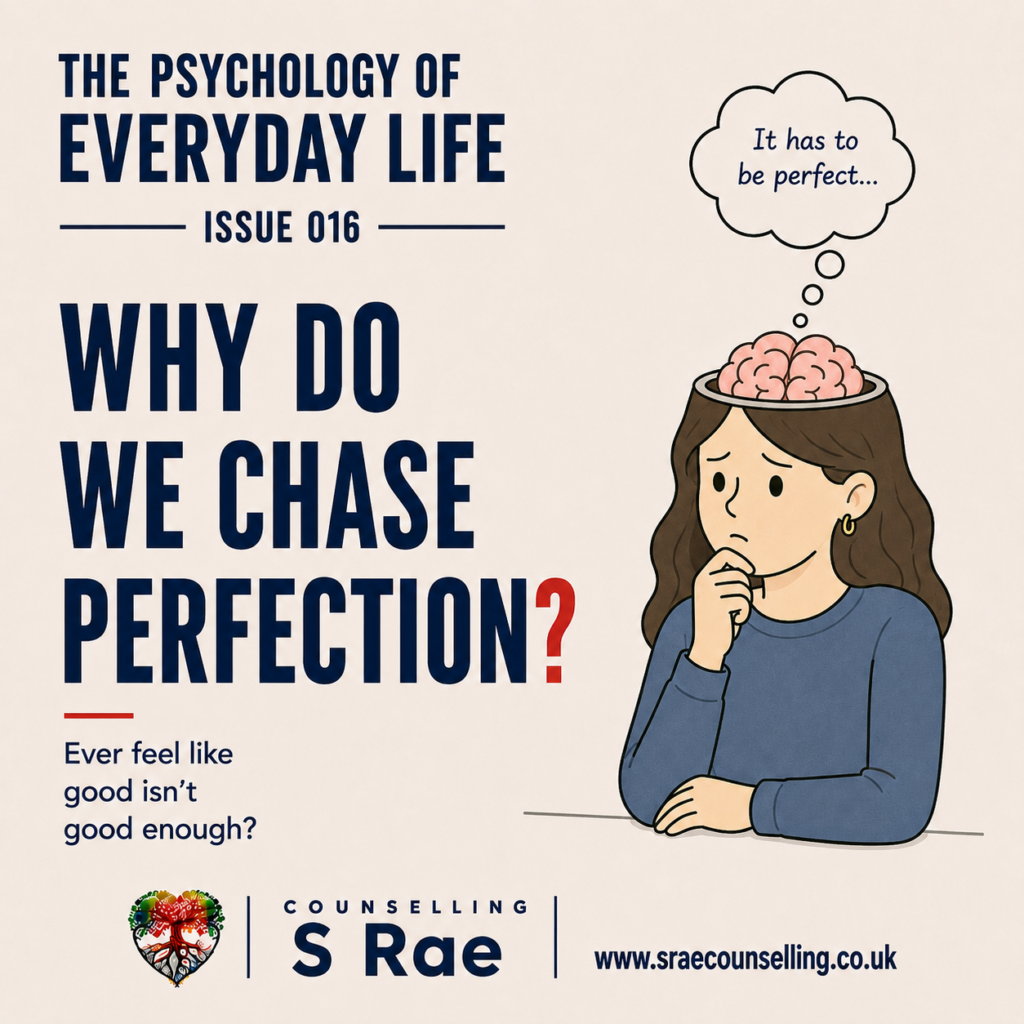 S Rae Counselling illustration of a worried woman feeling that everything she does must be perfect.