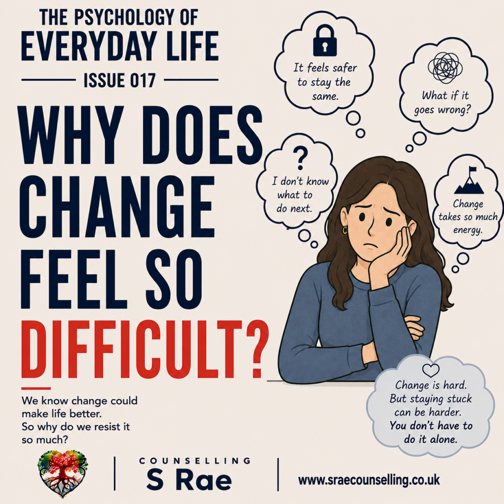 S Rae Counselling illustration of a worried woman thinking about uncertainty and why change feels difficult.