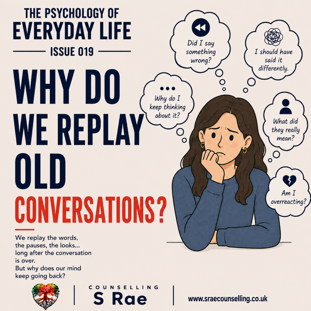 S Rae Counselling illustration of a worried woman replaying an old conversation and questioning what she said.