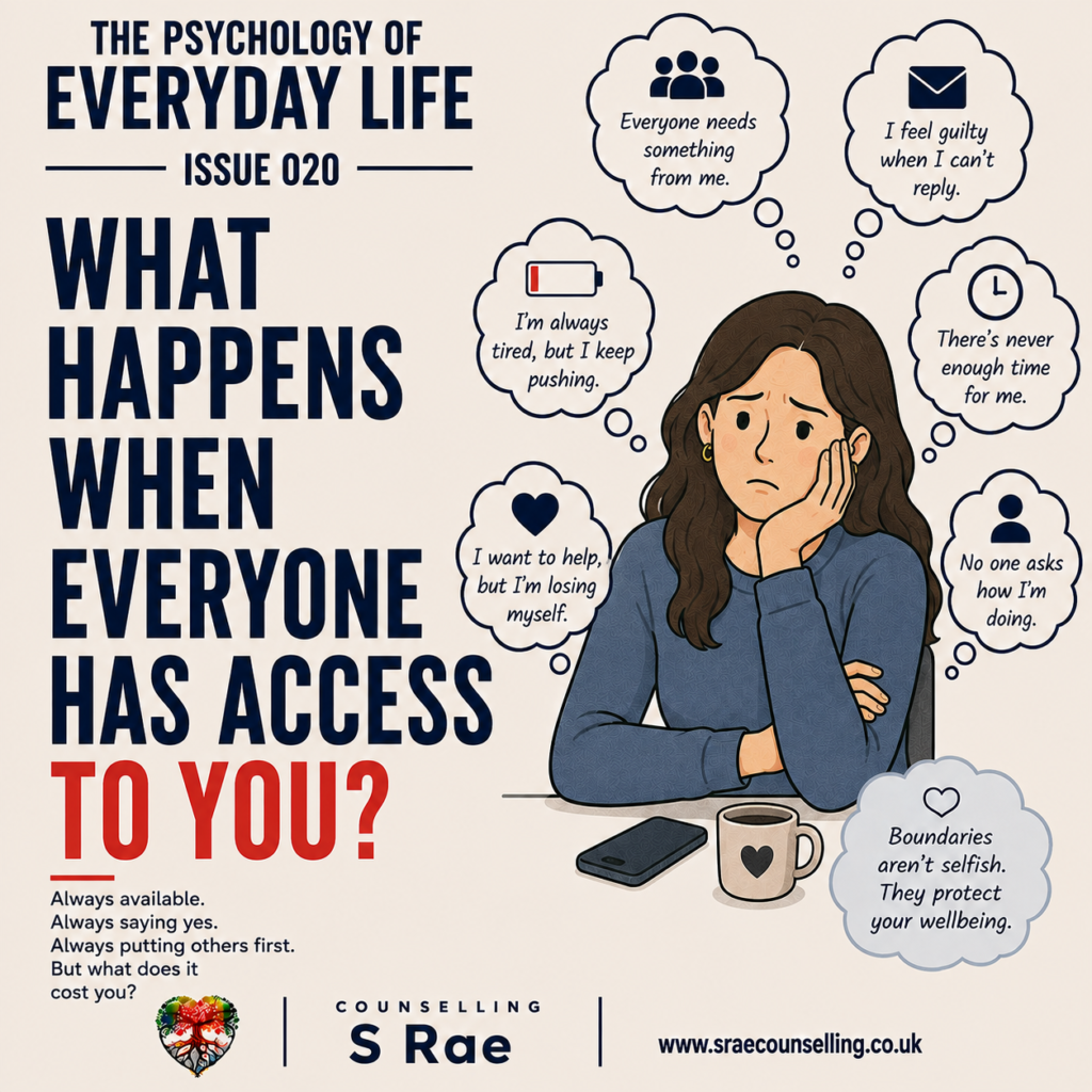 S Rae Counselling illustration of an emotionally exhausted woman feeling that everyone expects access to her time and energy.