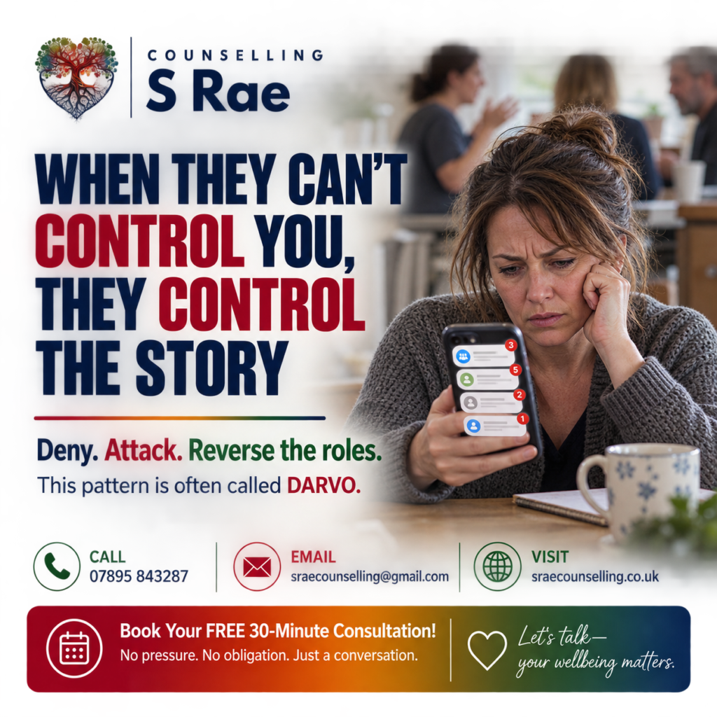 Woman reading upsetting messages while others talk behind her, illustrating DARVO and controlling the story.