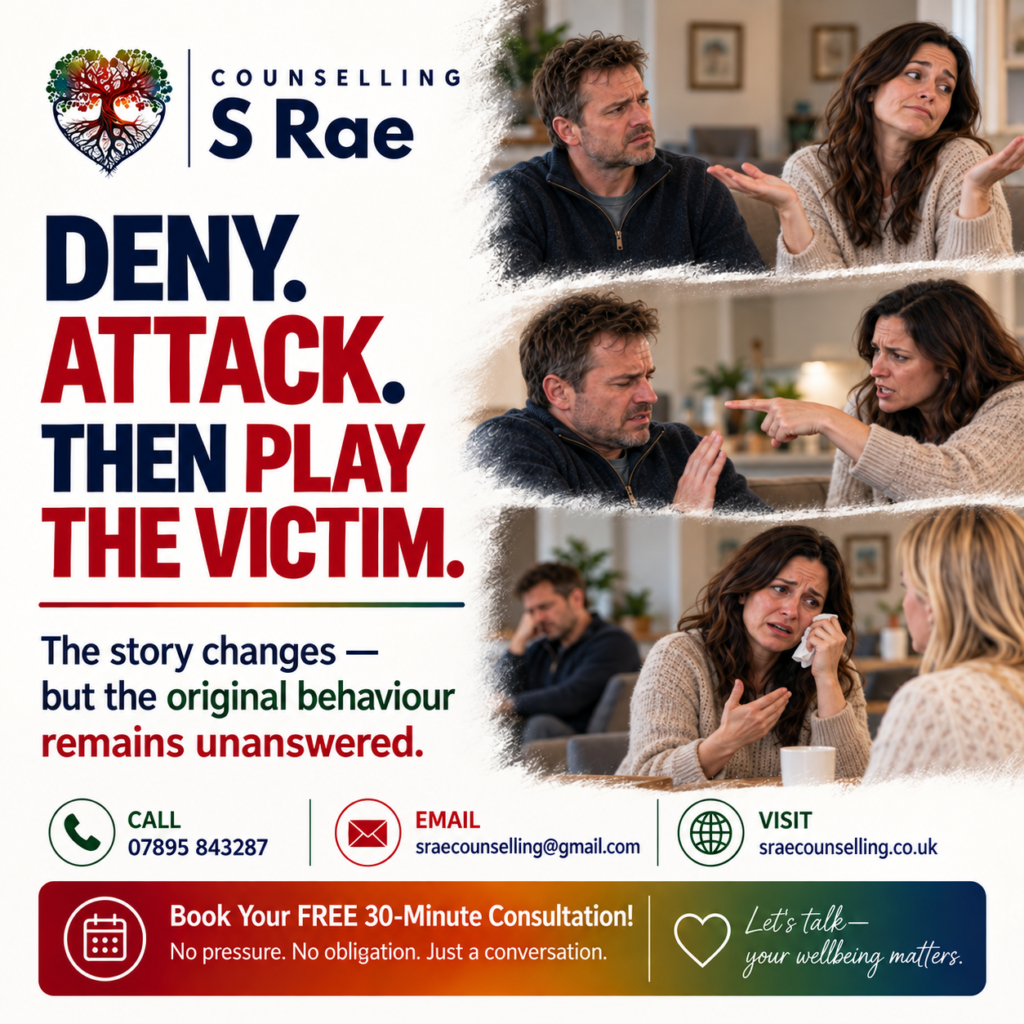 Woman denying responsibility, attacking her partner and presenting herself as the victim in a DARVO behaviour sequence.