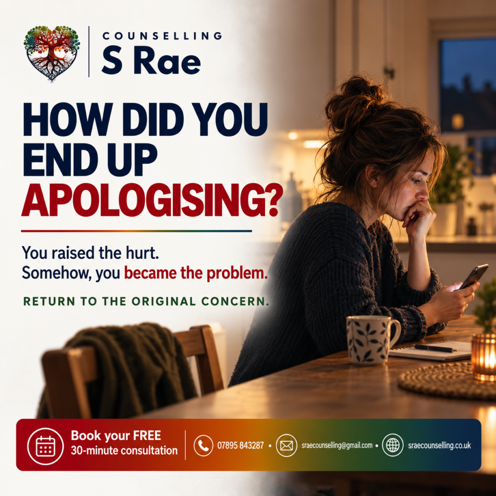 Woman looking at her phone after a difficult conversation in which she ended up apologising.